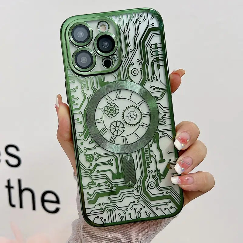 a person holding a green phone case