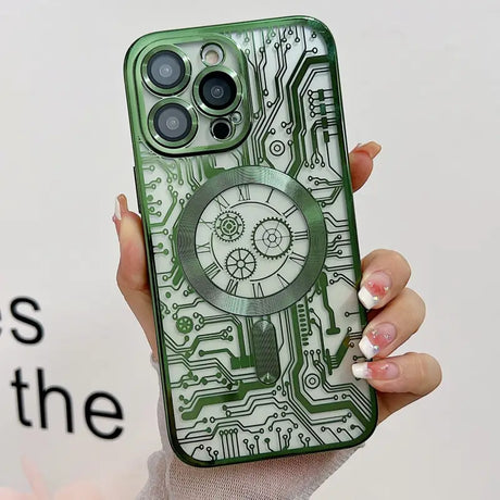 a person holding a green phone case