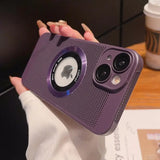 a person holding a purple iphone case