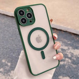 a woman holding a green iphone case