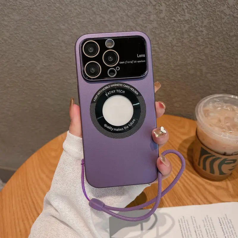 a purple iphone case with a white circle on it