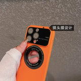 a hand holding an orange iphone case with a camera attached to it