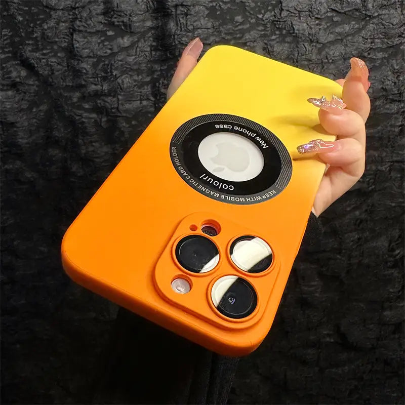 a person holding an orange and yellow case