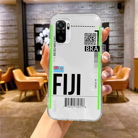 a person holding a phone case with a barcode bar on it