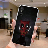 a close up of a person holding a phone case with a deadpool on it