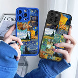 a person holding up a phone case with a painting on it