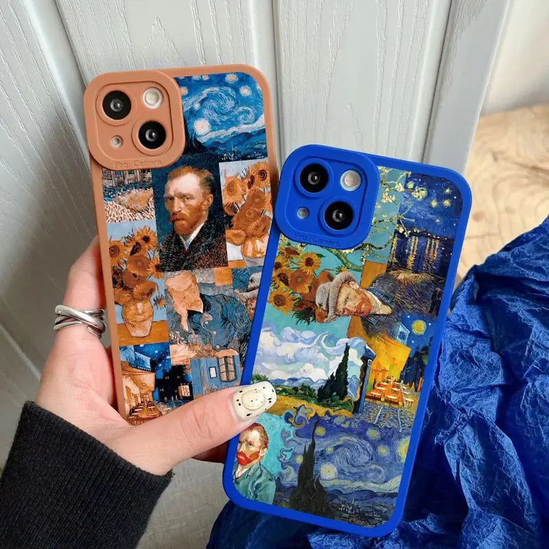 a person holding a phone case with a painting on it