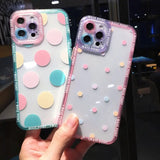 a pair of iphone cases with colorful polka dots