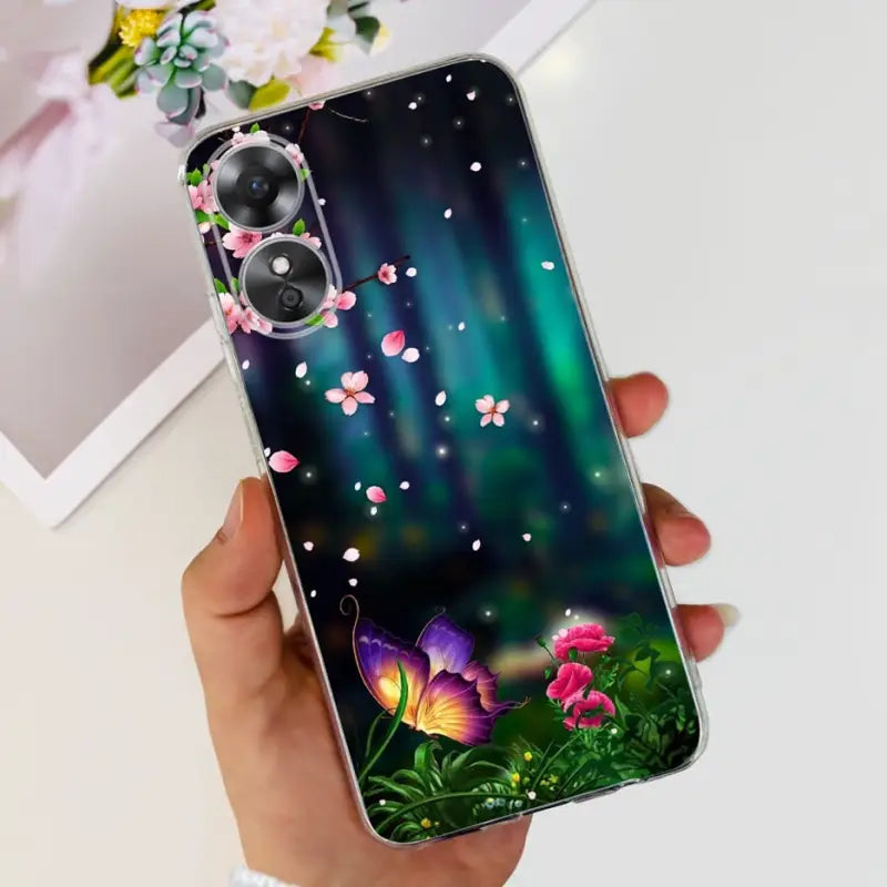 a person holding a phone case with a flower design