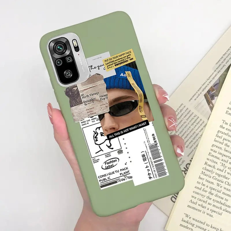 a person holding a book and a phone case
