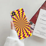 a person holding a phone case with a yellow and purple pattern