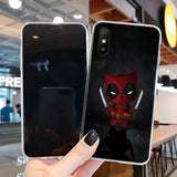 a close up of a person holding a phone with a deadpool phone case