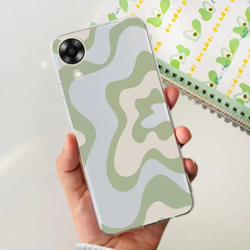 a person holding a phone case with a camouflage pattern