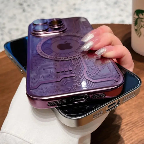 a person holding a phone with a purple case