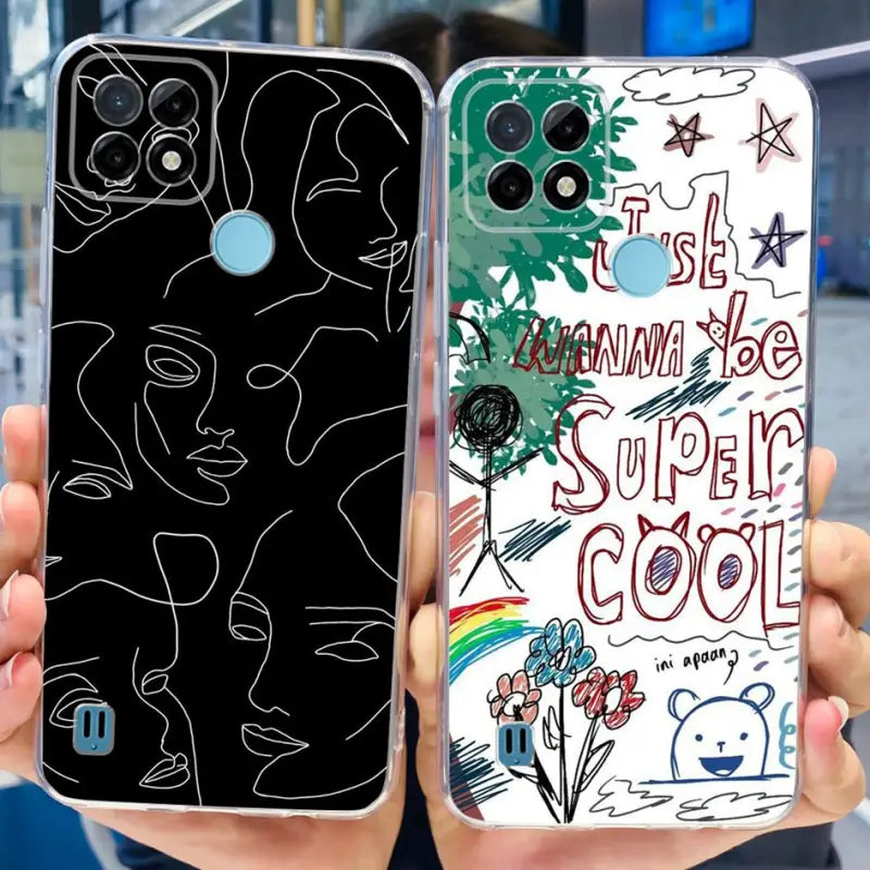 a person holding up a phone case with a drawing on it