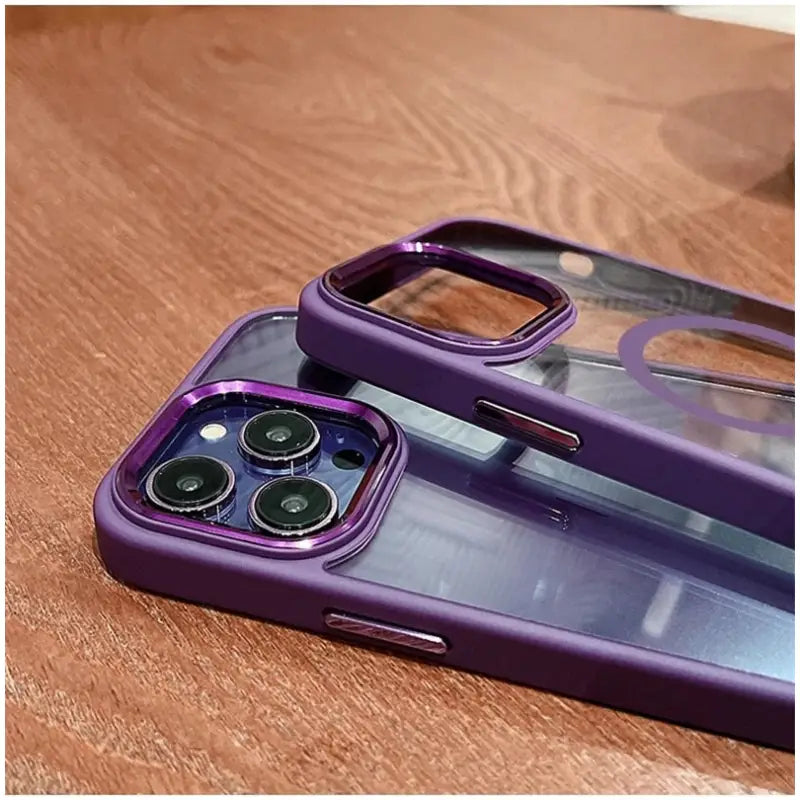 the iphone case is purple and has two lenses