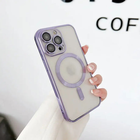 a woman holding a purple phone case