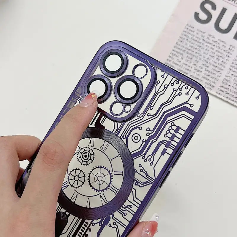 a person holding a phone case with a clock design