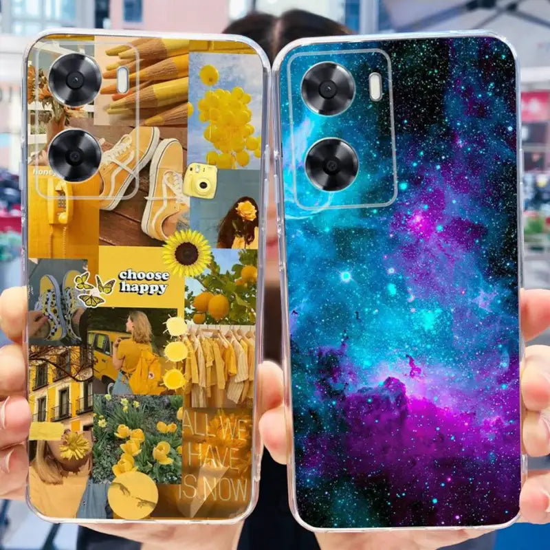 a person holding up a phone case with a picture of a space theme