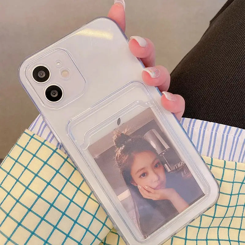 a woman holding a phone case with a photo of her