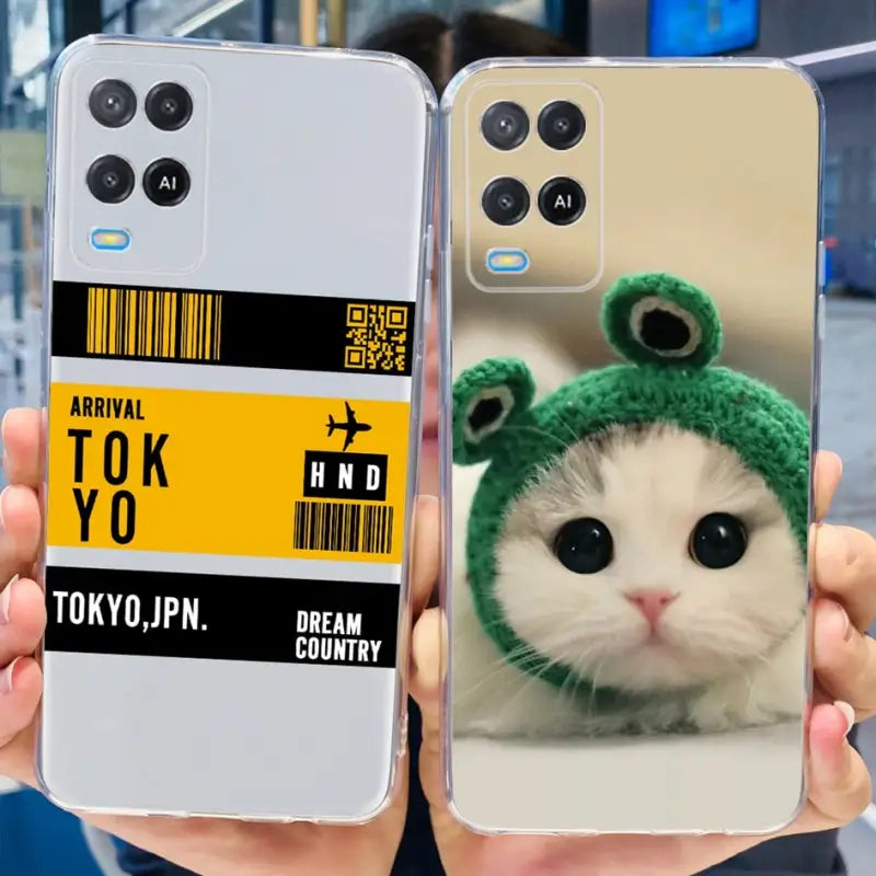 a person holding a phone case with a cat in it