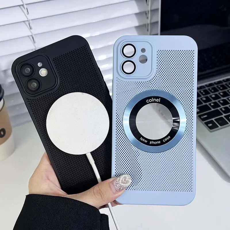 a person holding a phone case with a circular design