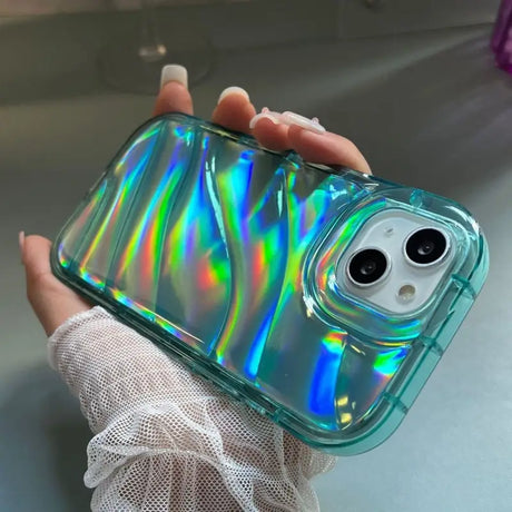 someone holding a phone with a holographic design on it