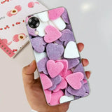 a person holding a phone with pink and purple hearts