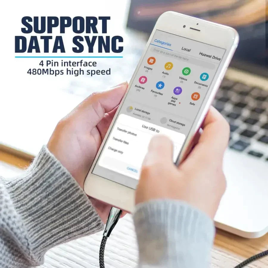 a person holding a phone with the text support data sync