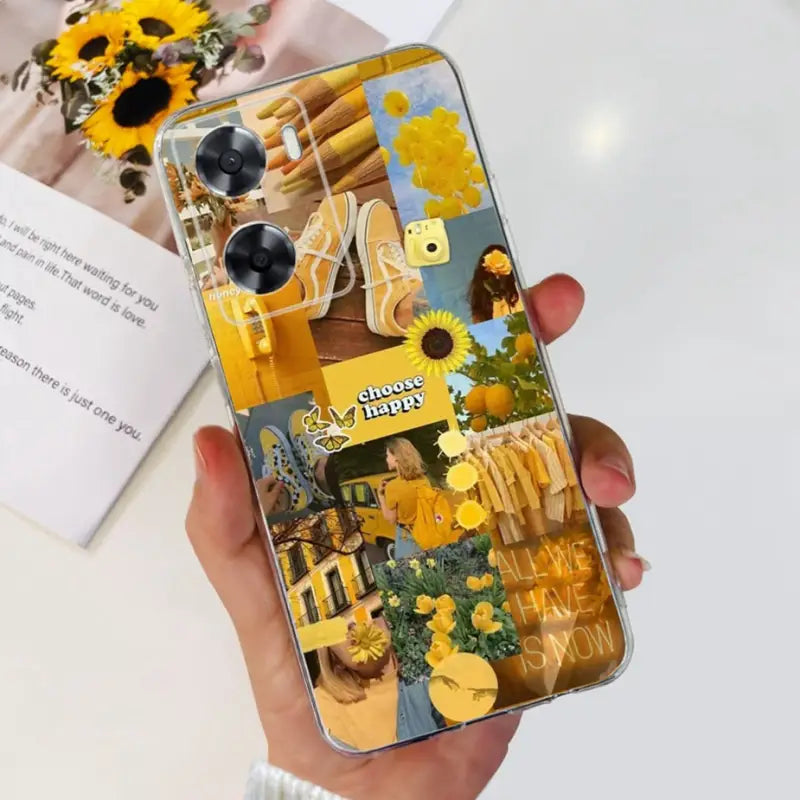 a person holding a phone with a picture of a sunflower