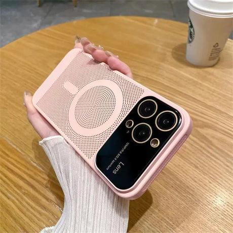 a person holding a pink iphone case