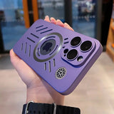 a purple case with a camera lens on it