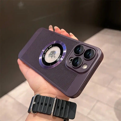 a person holding a purple iphone case