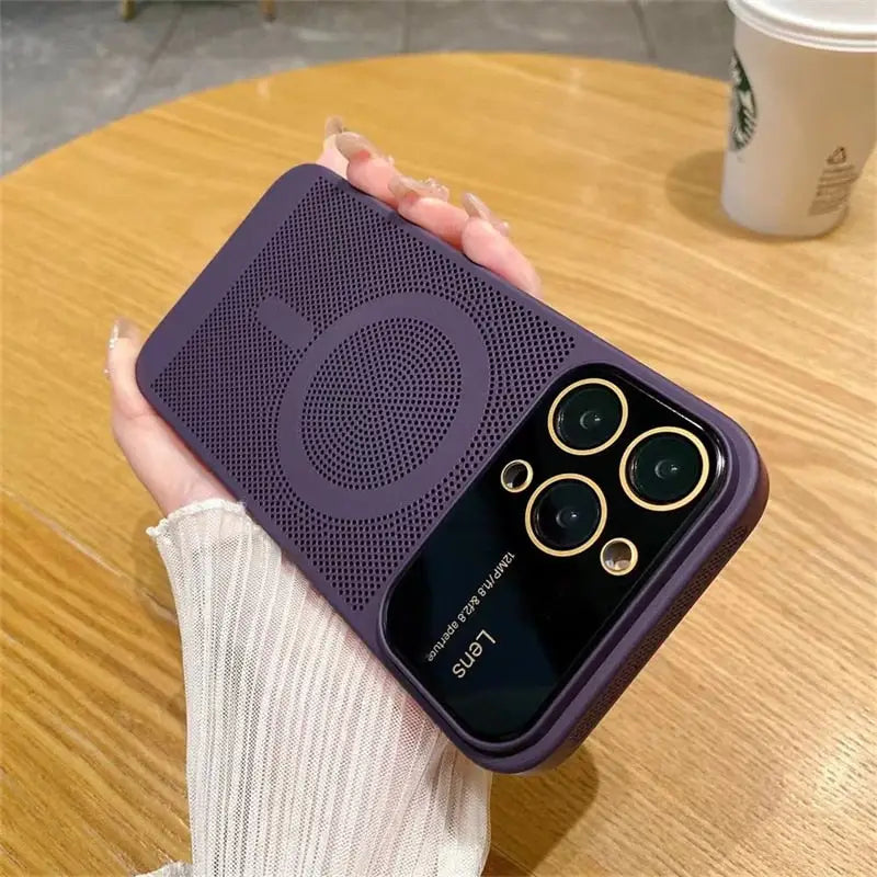 a person holding a purple iphone case