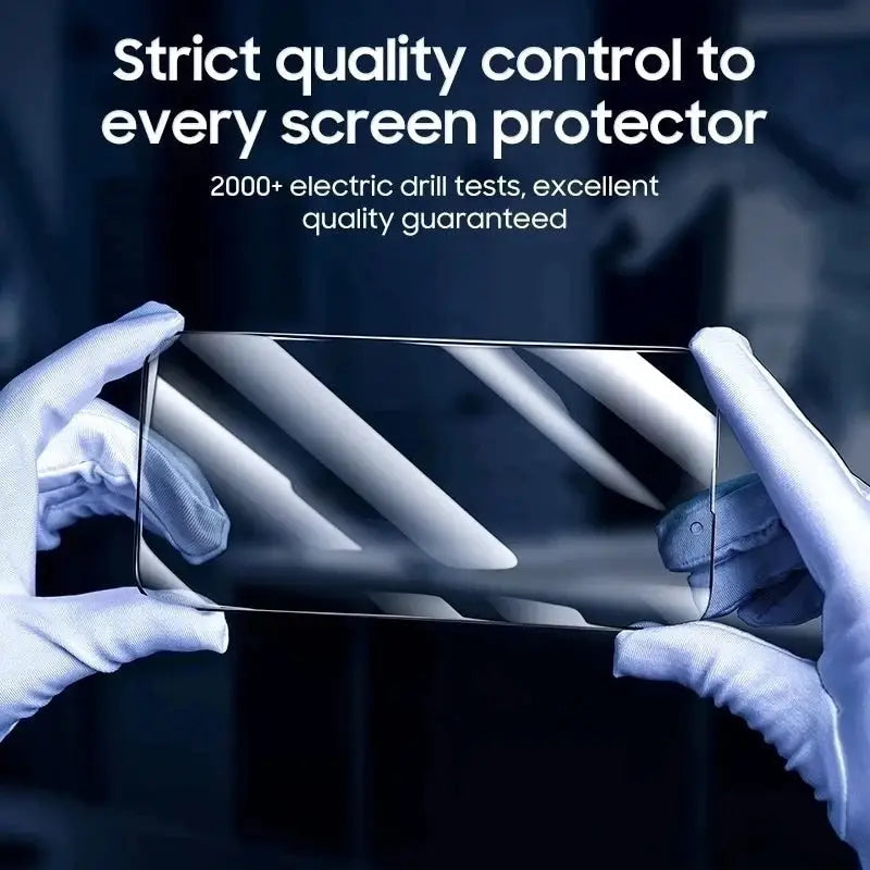 a person holding a cell phone with the text stiq control every screen protector