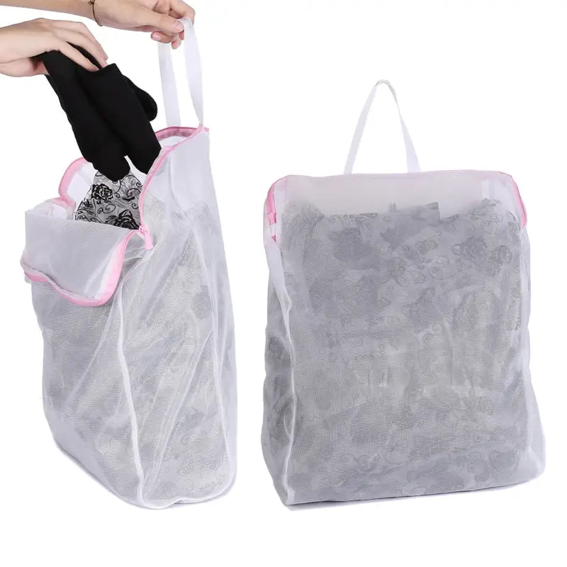 a person holding a bag with a white and pink handle