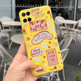 a yellow phone case with a cartoon character design
