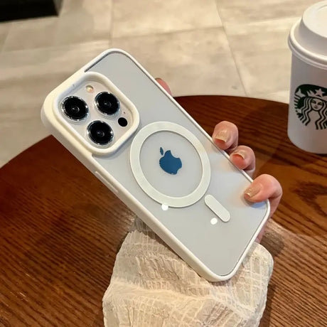 A person holding an iphone case with a starbucks cup in the background