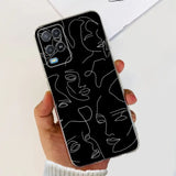 a person holding a phone case with a black and white drawing of a face