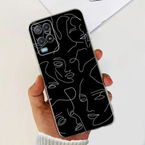 a person holding a phone case with a black and white drawing of a face