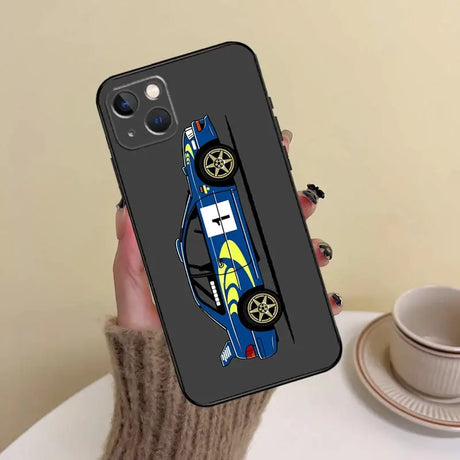 A person holding a phone case with a car on it