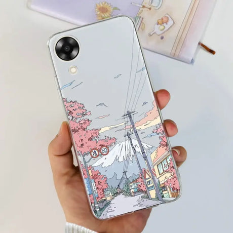 a person holding a phone case with a drawing of a city