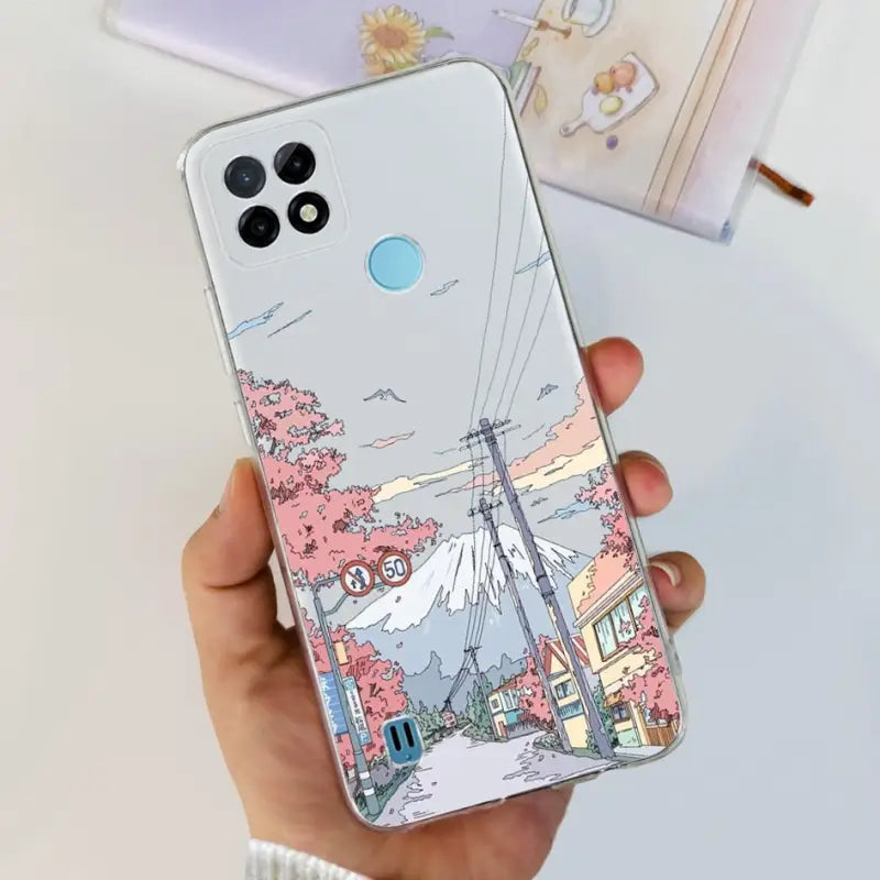 a person holding a phone case with a drawing of a city