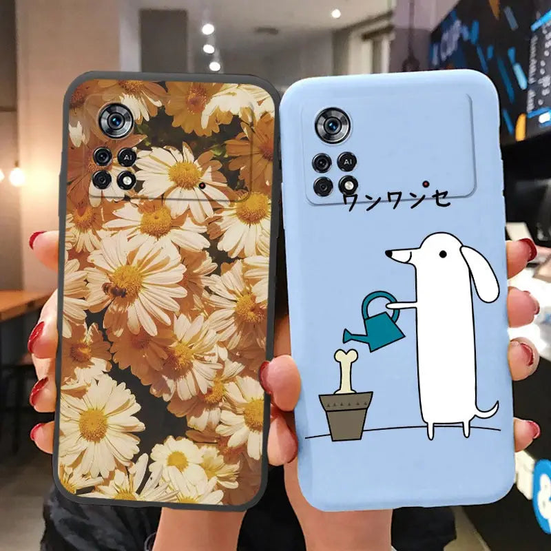 a person holding a phone case with a dog and flowers