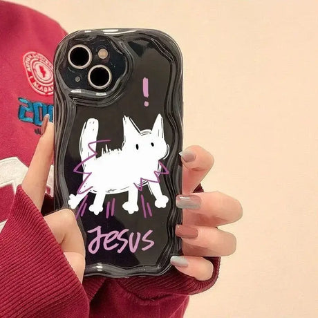 A person holding a phone case with a dog on it