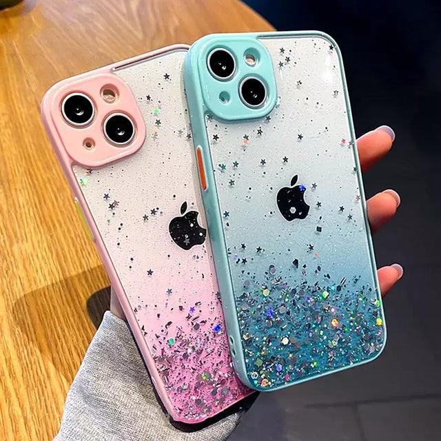 a person holding a phone case with glitter and glitter