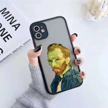 A person holding a phone case with a painting of a man