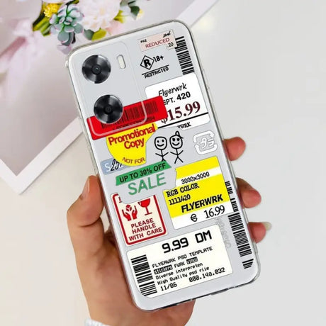 a person holding a phone case with stickers on it
