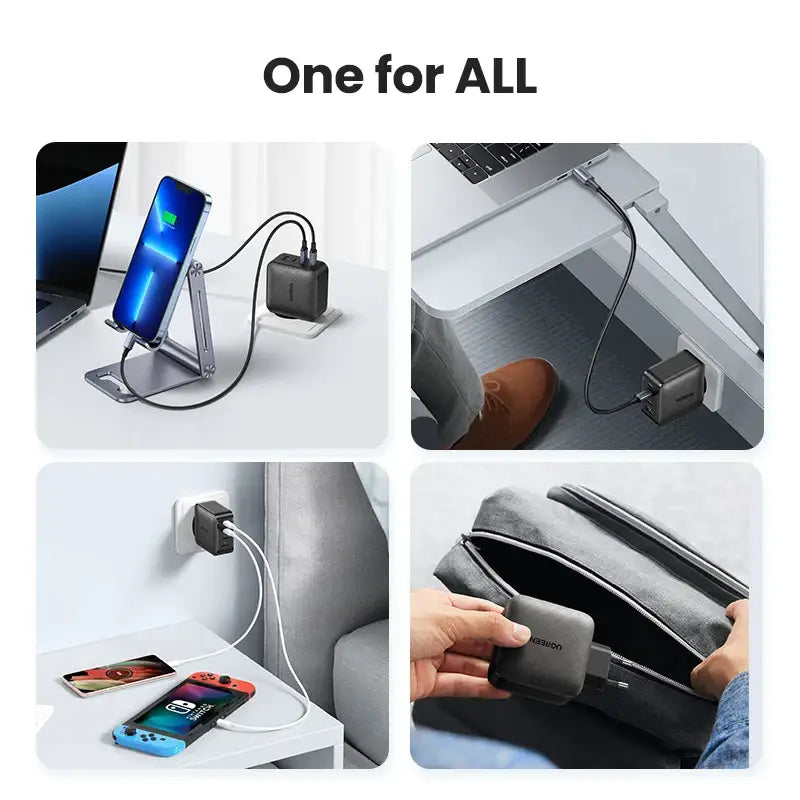 A person holding a phone and charging a laptop