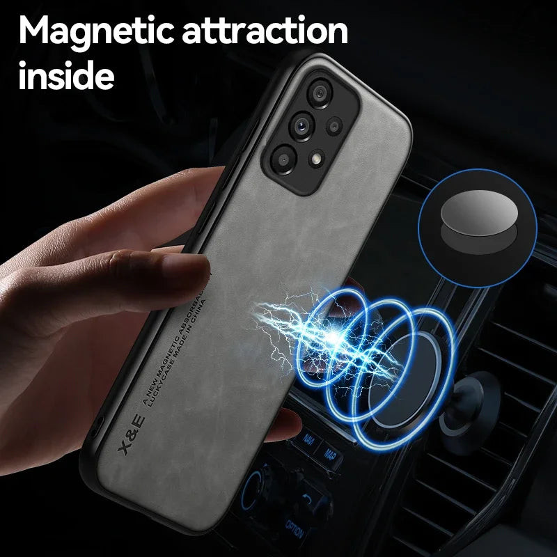 a person holding a phone with a magnet attached to it